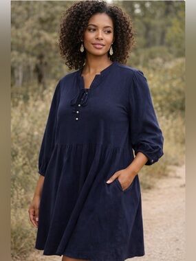 Forever 21 Navy Babydoll Dress Puff Sleeve Boho Casual Loose Fit Cottagecore M